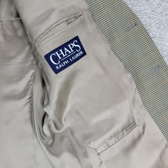 VTG Chaps Ralph Lauren Silk Wool Blazer Mens 42S Green Houndstooth Pane Jacket - Picture 14 of 16